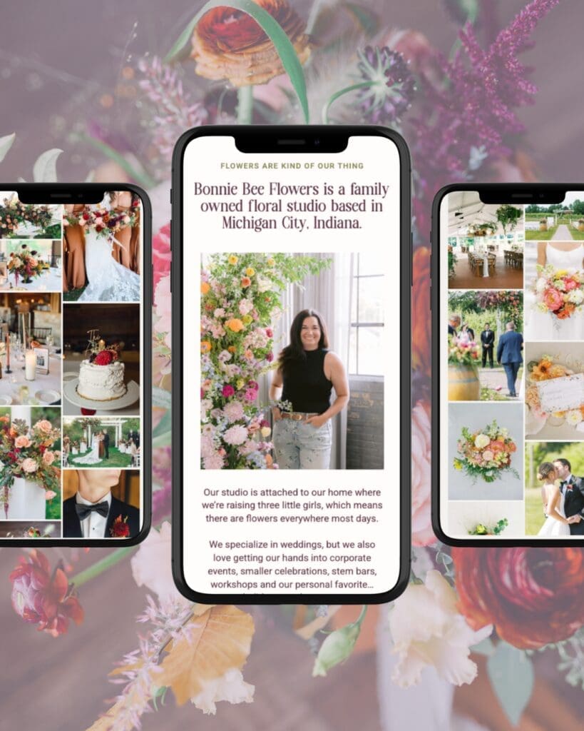 Mobile website design for Bonnie Bee Flowers featuring floral portfolio galleries, wedding photography and an about page introducing the family-owned floral studio.