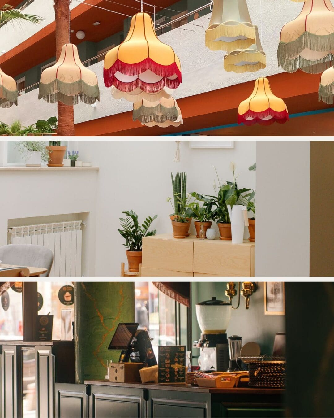 Three photos showcasing three very different interior design styles